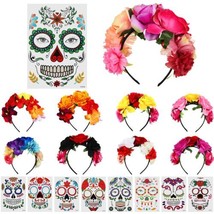 9 Pc Halloween Mexican Flower Headband &amp; Temporary Face Tattoos Day of the Dead - £19.97 GBP