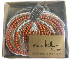 Nicole Miller Glass Beaded Pumpkin Set of 4 Coasters Satin Backed Orange... - $36.51