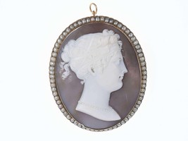 Large Antique 14k Gold Sardonyx Shell cameo with natural pearls pendant/brooch - £1,542.66 GBP