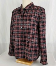 Villager Liz Claiborne Plaid Textured Weave Jacket Womens 14 Black Red Button Up - £15.02 GBP