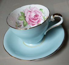 Aynsley Bone China England Cup And Saucer Blue Large Pink Cabbage Rose - £34.45 GBP
