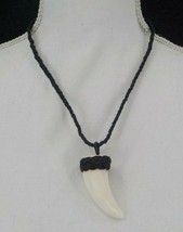 FAUX CARVED SHARK TOOTH PENDANT NECKLACE W/ ADJUSTABLE BRAIDED BLACK COR... - £11.98 GBP