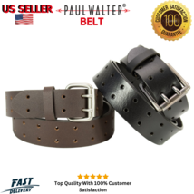 Men 2 Hole Jeans Casual Belt Heavy Silver Buckle Genuine Leather, Brown - £10.64 GBP+