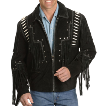 Classic Western Style Cowboy Suede Leather Jacket Handmade Bone, Fringed... - $88.77+