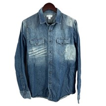 Sun + Stone Mens Shirt Blue Snap Front Distressed Shashiko Stitched Medium - $27.94