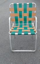 Vintage Lightweight Aluminum Lawn Webbed Folding Chair Green &amp; Brown No Arms - £24.21 GBP
