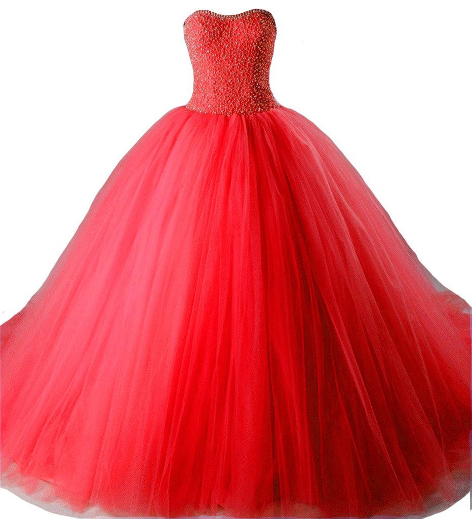 Kivary Beaded Crystals Pearls Sweetheart Long Tulle Prom Formal Quinceanera Dres