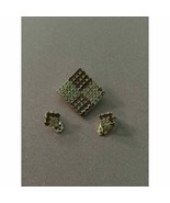 Vintage Gold Rhinestone Square Grid Brooch and Clip Earrings - £26.31 GBP