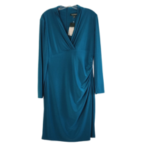 Ralph Lauren Essentials Faux Wrap Dress French Teal 14 Stretch Side Ruch... - £68.18 GBP