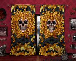 Gold Medusa Skull Curtains, Fancy Goth Decor, Window Drapes, Sheer and Blackout, - £131.09 GBP