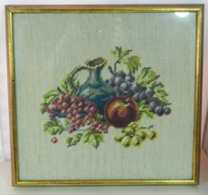 Vintage Needlepoint Art Framed Fruit Pitcher Scene 12&quot; h x 12 3/4&quot; w  Goldtone - £23.01 GBP