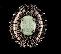 HUGE 3&quot; mask brooch Vintage Asian pin carved oriental head buddha estate... - $385.00