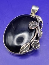 Vintage 925 Sterling Silver Ornate Black Onyx Floral Necklace Pendant - $56.06