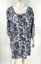Ellos Tunic Dress Plus Sz 3X Blue White Floral Cinch Waist Tie Neck 3/4 Sleeve - £19.36 GBP