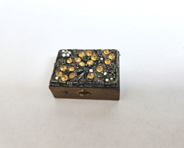 1950&#39;s Pillbox Trinket Holder Rhinestone Studded Floral Lid Gold Over Brass - £11.86 GBP