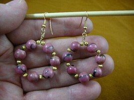 (EE-800-16) 8mm pink Rhodonite beaded gemstone hoop dangle circle gold earrings - £27.48 GBP