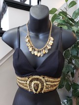 Vintage Bebe Black &amp; Gold Rayon Casual Back Zipper Beaded Crop Bra Top Small - £35.49 GBP