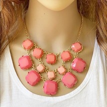 NEW Statement Necklace Gold Tone Square Fashion Hot Pink - £14.38 GBP