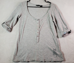Fox T Shirt Top Womens Small Gray Knit 100% Cotton Long Sleeve Logo Henley Neck - £10.88 GBP