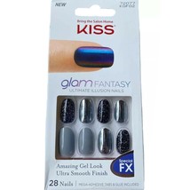 NEW Kiss Nails Glam Fantasy Press or Glue Manicure Medium Gel Oval Black Silver - £9.95 GBP