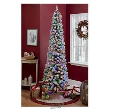 7&#39; Flocked Artificial Pencil Tree Pre-Lit Multi Color Christmas Tree Lights - £91.30 GBP
