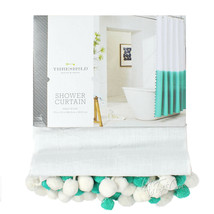 NWT Threshold Aqua-White Cotton-Linen Tie Dye Pom Pom 72x72&quot; Shower Curtain - $34.99
