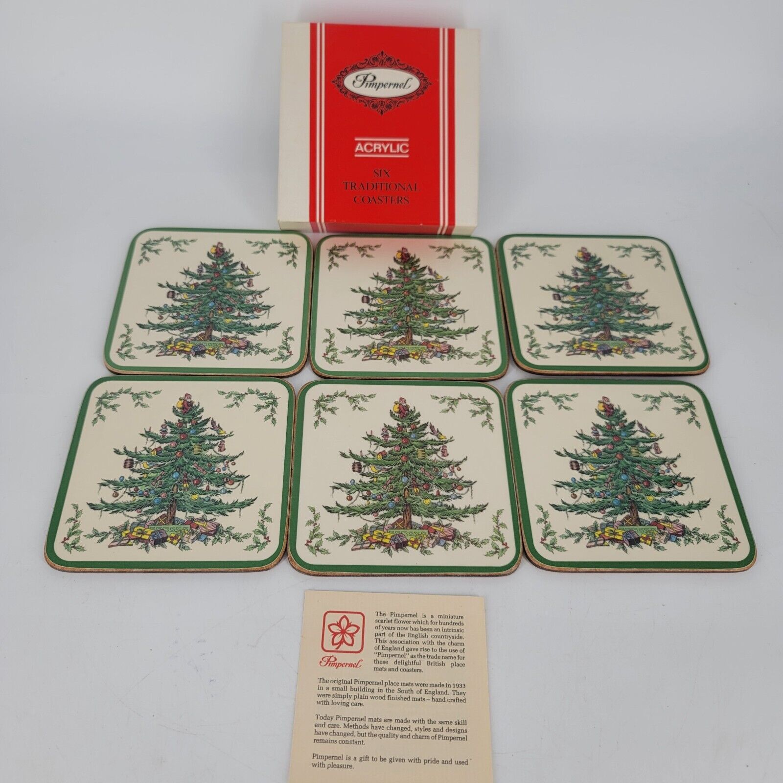 Pimpernel Acrylic Cork Back Christmas Tree Spode Coasters Set of 6 EUC Vintage - $14.07