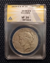 1934-S Peace Silver Dollar ANACS Certified Very Fine 35 Rare US 90% $1 Coin - £106.92 GBP