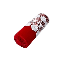 Red Velvet, Decorative Bolster Pillow, White Lace Pipping Classic pillow, 6x16" - $54.00