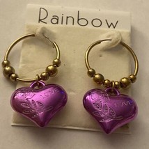 Rainbow Brand Dangle Earrings 1.5” L Purple Hearts On Gold Round  New NWT - £3.12 GBP
