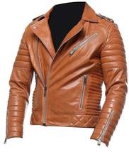 Men&#39;s Classic Motorcycle vintage Quilted Tan Brown Suede Leather Bomber Jacket A - £149.24 GBP