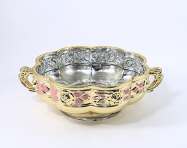 Jeanette Glass Aztec Rose Candy Dish/Bowl Sparkly Gold &amp; Silver w/Pink Leaves Vt - £21.93 GBP
