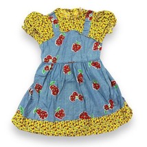 Vtg 60&#39;s Sears PermaPrest Dress Girls Yellow Blue Pinafore Cherries Print Sz 5 - £24.78 GBP