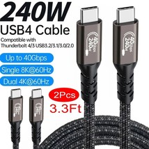 2Pcs Thunderbolt 4 Pd 240W Cable 3.3Ft 40Gbps 8K 4K Usb-C Video Display Cord Uhd - £31.59 GBP