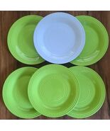Six (6) ~ Melamine ~ (5)Green &amp; (1)White ~ Solid w/Beaded Pattern ~ 10.5... - $35.00