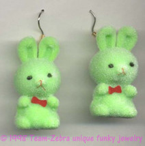 Huge Funky Fuzzy Bunny EARRINGS-Retro Mini Easter Rabbit Toy Charm Jewelry-GREEN - £3.90 GBP