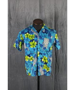 Vintage Hawaiian Shirt - Blue Green and White Floral Pattern Barkcloth -... - $2,325.43 MXN