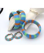Book Piece 70s Blue Striped LUCITE Bangle Bracelet Clip Hoop Earring Set... - $140.95