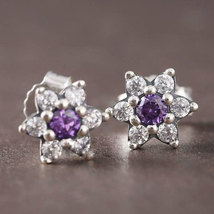 925 Sterling Silver Forget Me Not with Purple CZ Stud Earrings  - £12.01 GBP