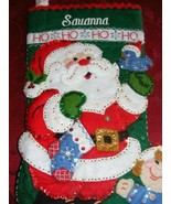 Vintage Handmade Christmas Stocking Savanna Santa Claus w Child Sequins - €31,84 EUR