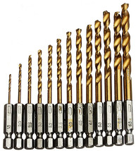 13 TITANIUM HSS DRILL BIT SET Wood/Plastic/Metal SMALL-LARGE 1/4&quot; HEX SH... - $9.18