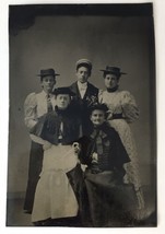 Antique Victorian Era Tintype Photo of Mother with Adult Children Fancy Hats - £17.54 GBP