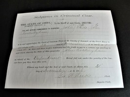 Paper to Sheriff, November 21, 1876, Subpoena in Criminal Case  Document-Ohio. - £14.98 GBP