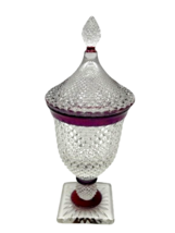 Vintage Indiana Glass Diamond Point Ruby Banded Candy Dish Crystal Footed Lidded - £40.67 GBP