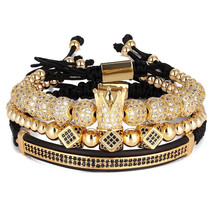 XQNI 3pcs/Set Punk CZ MiPave Crown Bead Bracelet For Men Women Braided Rope Chai - £31.96 GBP