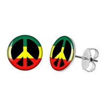 Stainless Steel Rasta Peace Sign Earrings 10mm Green Yellow Red Round Stud Post - £6.35 GBP