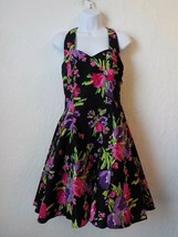 Vintage 80s DBA LA Black Floral Halter Dress Women 13 Fit Flare Tutu Lining Zip - £31.64 GBP