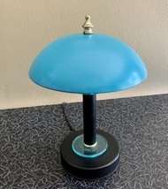 Mushroom Bell Shade Touch Lamp Aqua &amp; Black Glass &amp; Gold Accents 3-Way Working - £47.37 GBP