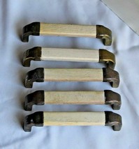 Set 5 Mid Century Wooden &amp; Brass Drawer Pull Handles Wood 4-1/8&quot; Canac  - £15.00 GBP