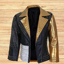 Handmade Studded Biker Leather Jacket: Gold Black White Punk Moto Coat - $399.95